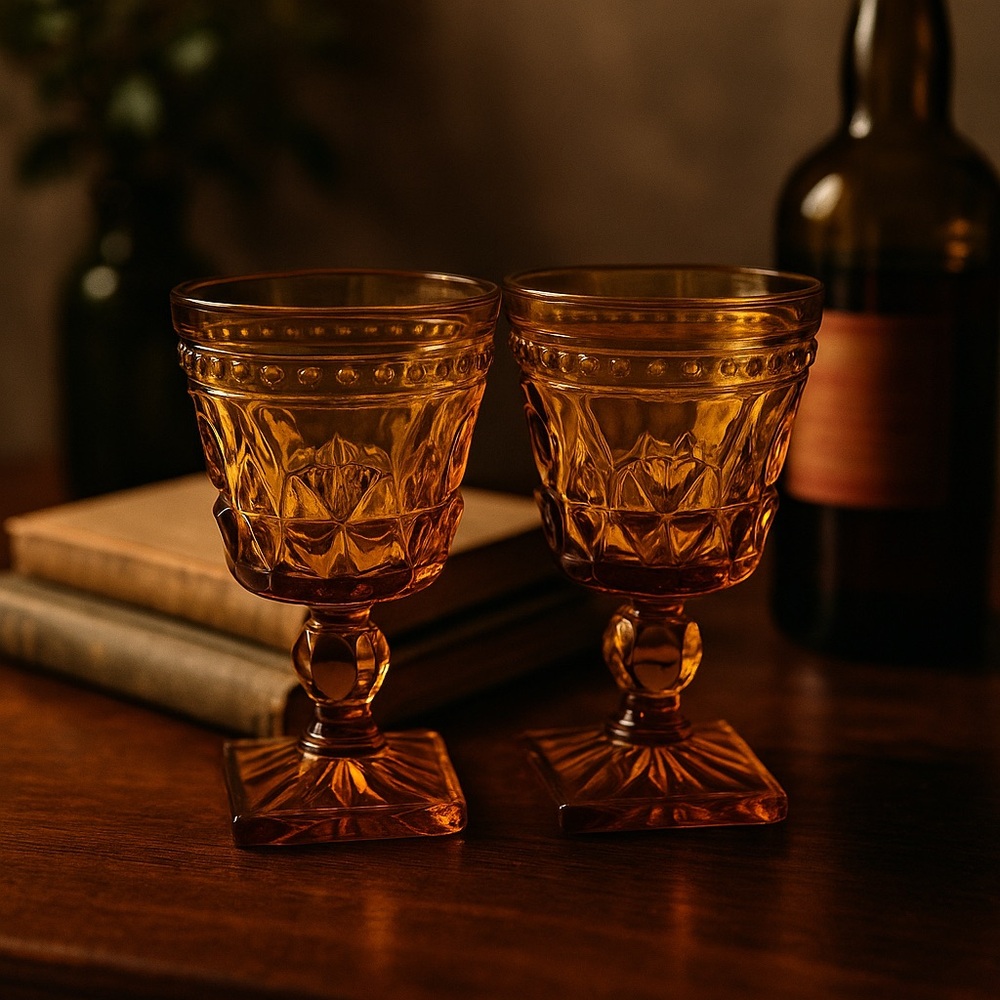 Vintage Amber Gold Indiana Glass Goblet Aperitif Shot Set